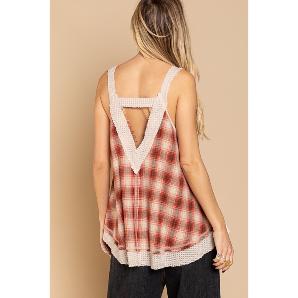POL Red & Cream Plaid V Neck Sleeveless Flowy Top - Picture 6 of 6